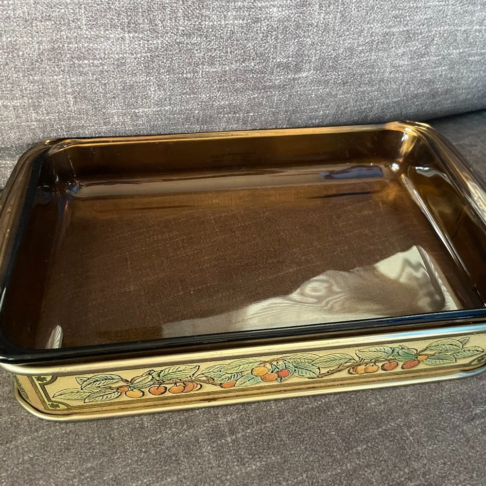 Vintage PYREX Fireside 232 brown glass casserole dish and brass fruit carrier